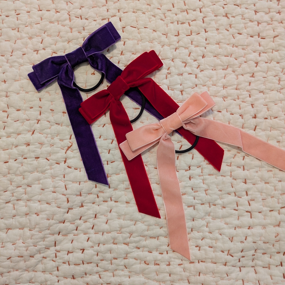 Velvet Hair Bows in Purple, Red, and Pink